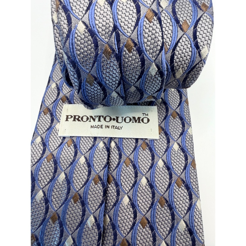 Pronto Uomo Mens Silk Tie Blue Grey Geometric Ogee Made in Italy 6181